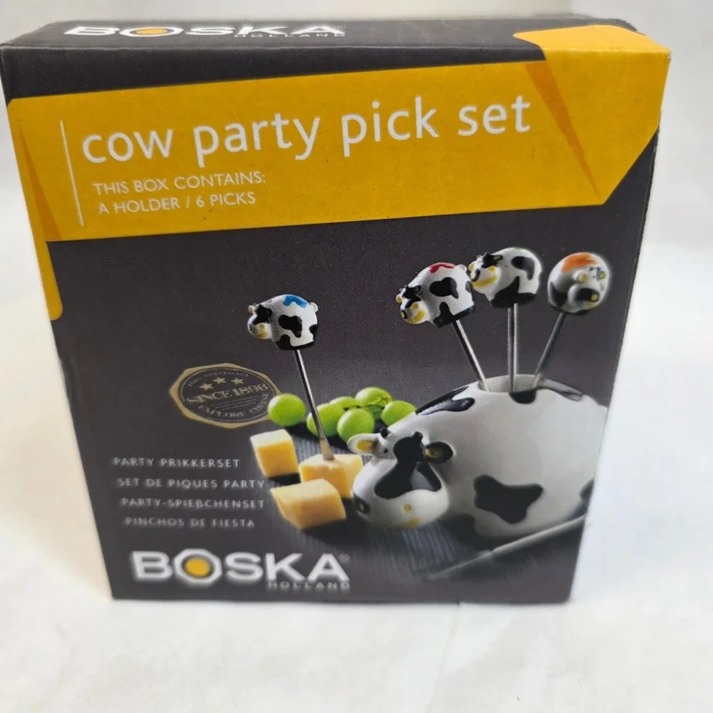 READA Boska Cow Party Pick Set White Black Ceramic Cheese Appetizer Tools 7pc